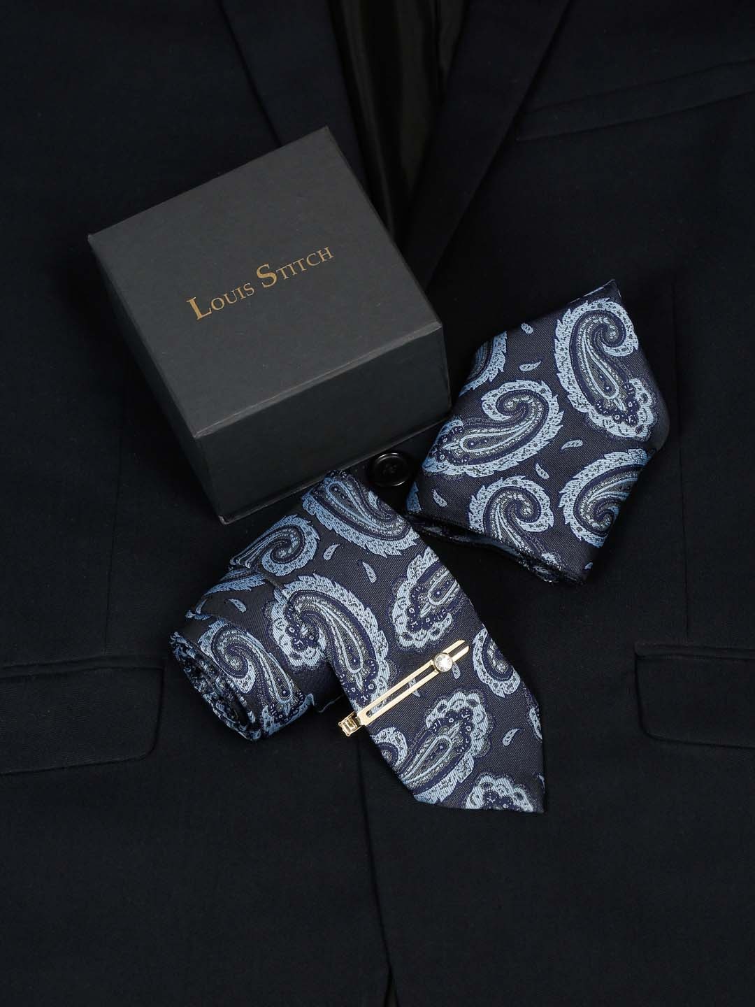 

LOUIS STITCH Men's Royal Blue Italian Silk Necktie Accessory Gift Set, Navy blue