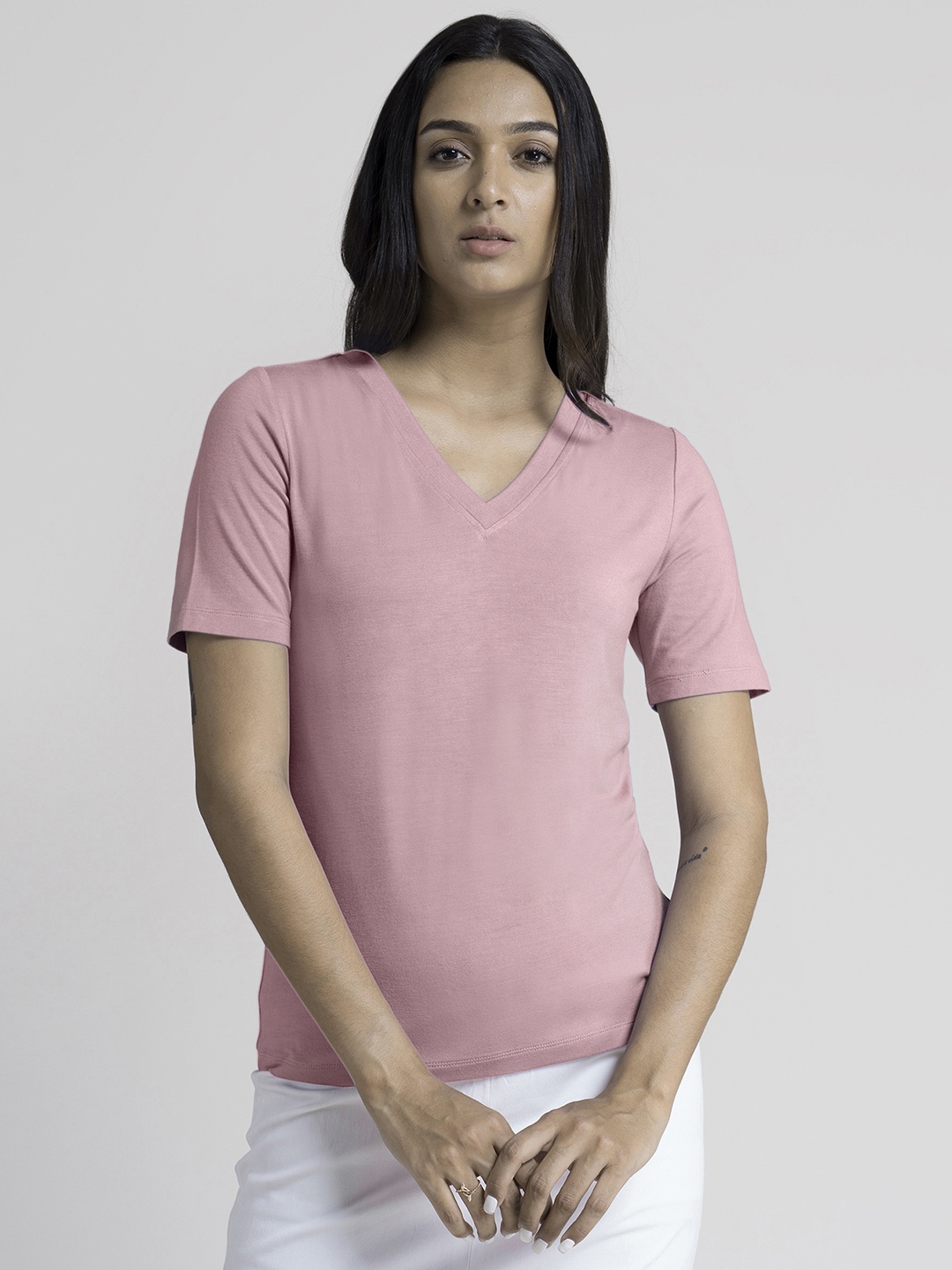 

FableStreet Women Pink V-Neck Solid T-shirt