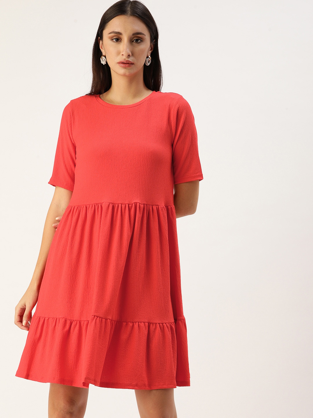 

Koton Coral Red Patterned A-Line Dress