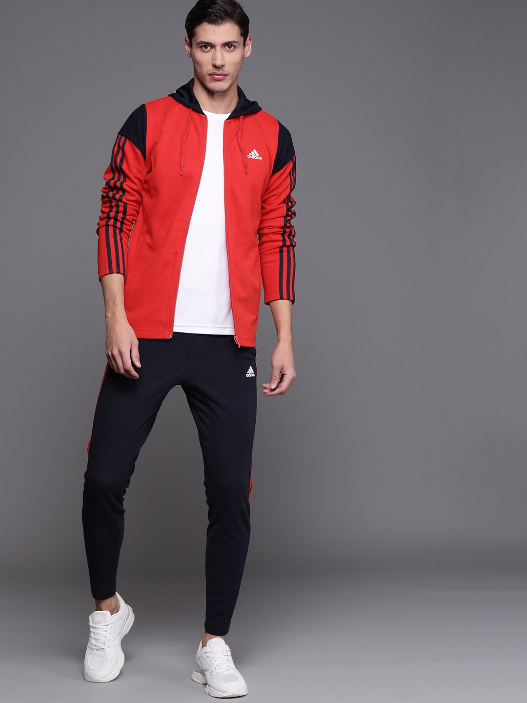 

ADIDAS Men Red & Navy Blue Rib Solid Tracksuit