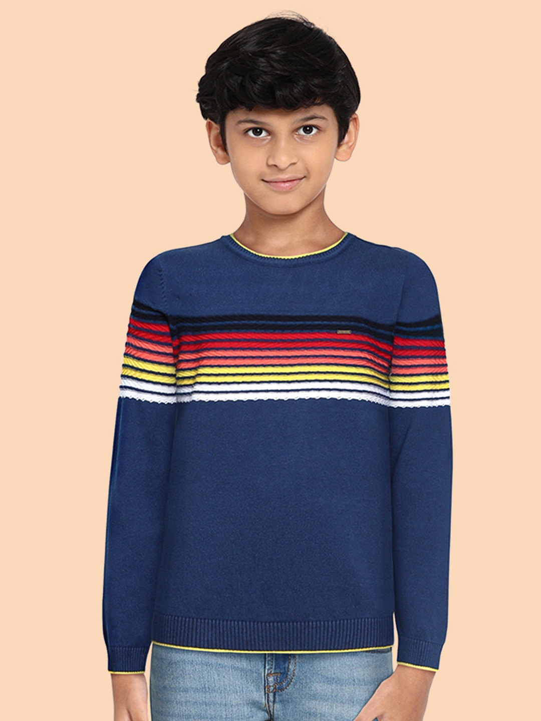 

Allen Solly Junior Boys Navy Blue & Yellow Pure Cotton Self Striped Pullover