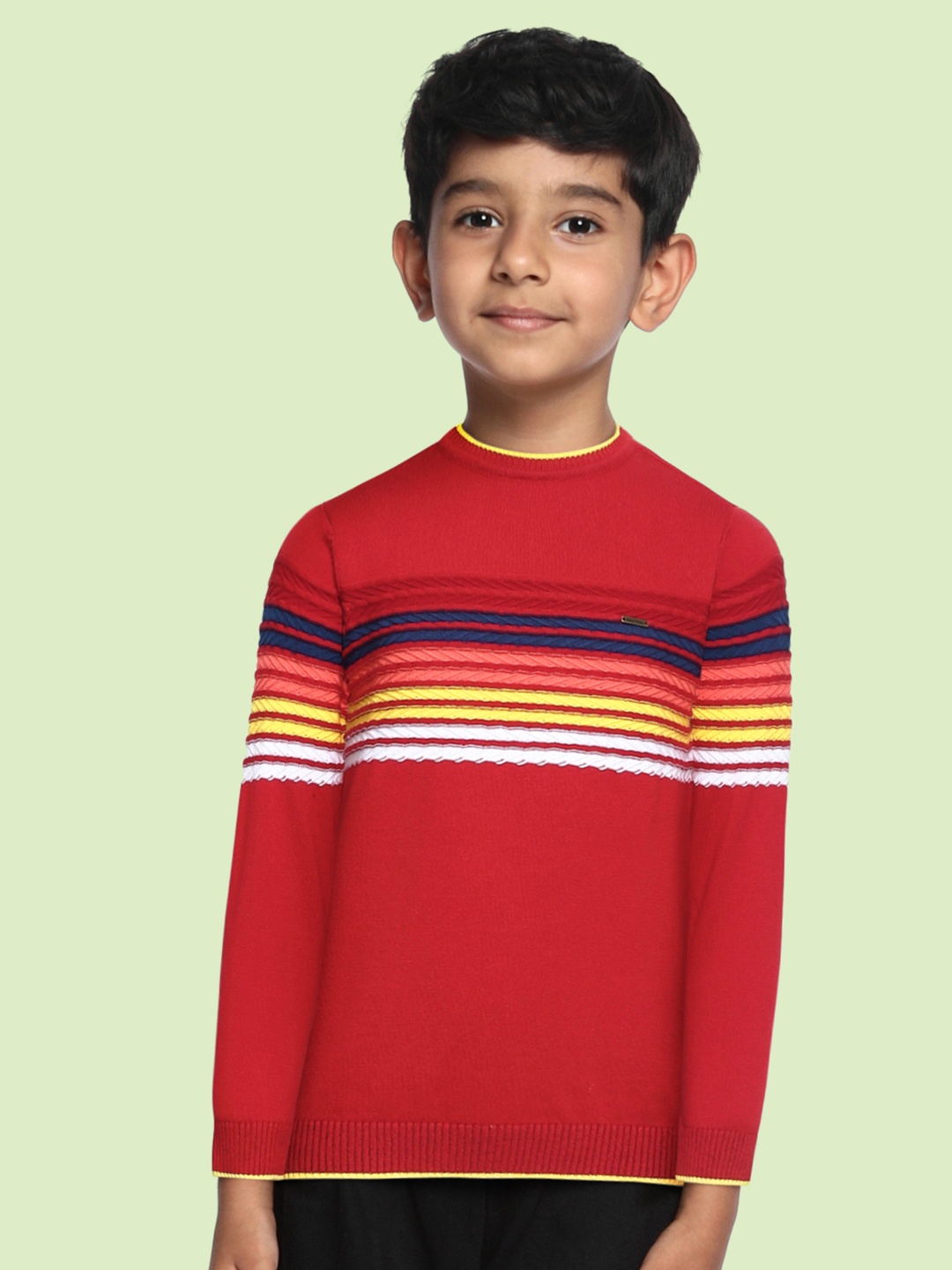 

Allen Solly Junior Boys Red & Navy Blue Pure Cotton Striped Pullover