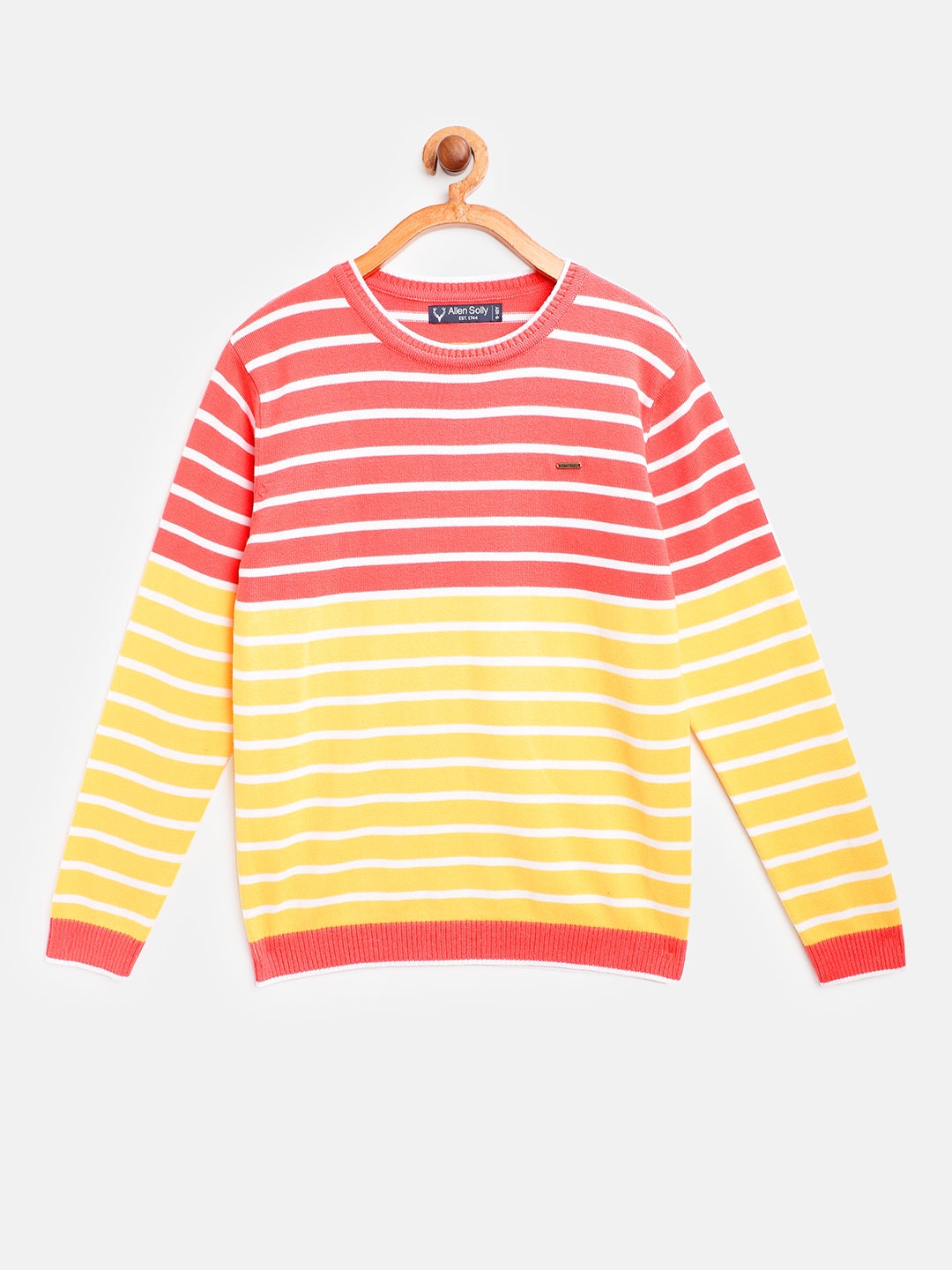 

Allen Solly Junior Boys Coral Pink & Yellow Pure Cotton Striped Pullover