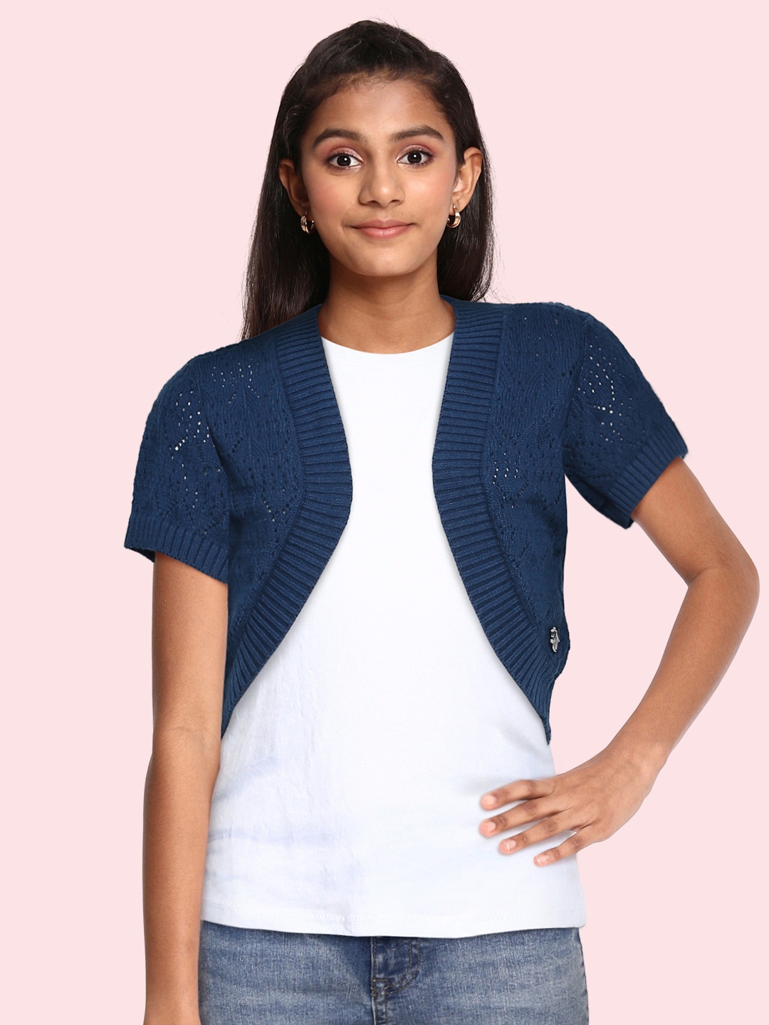 

Allen Solly Junior Girls Navy Blue Pure Cotton Open Knitted Crop Front-Open Sweater