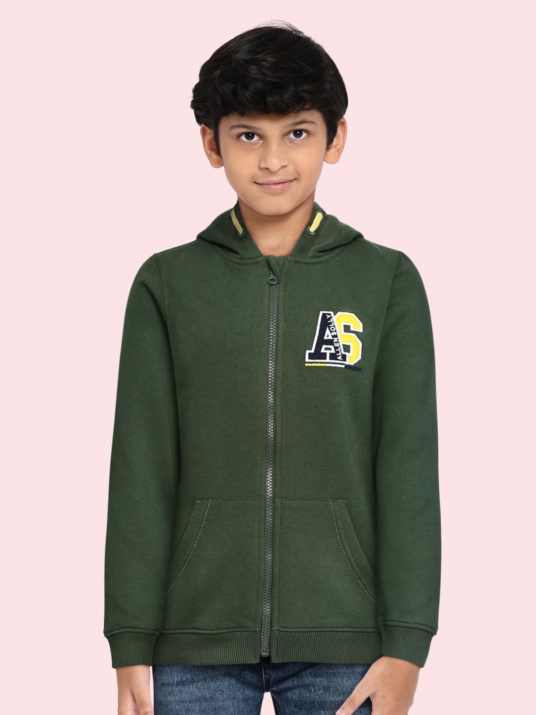 

Allen Solly Junior Boys Olive Green Solid Hooded Sweatshirt with Applique Detail