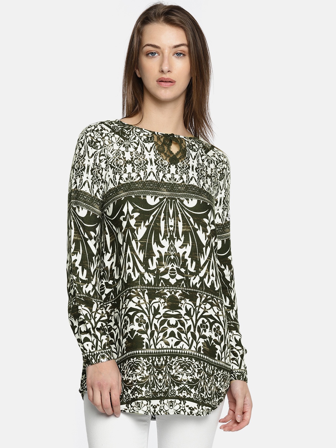 

Vero Moda Olive Green & White Printed Tunic