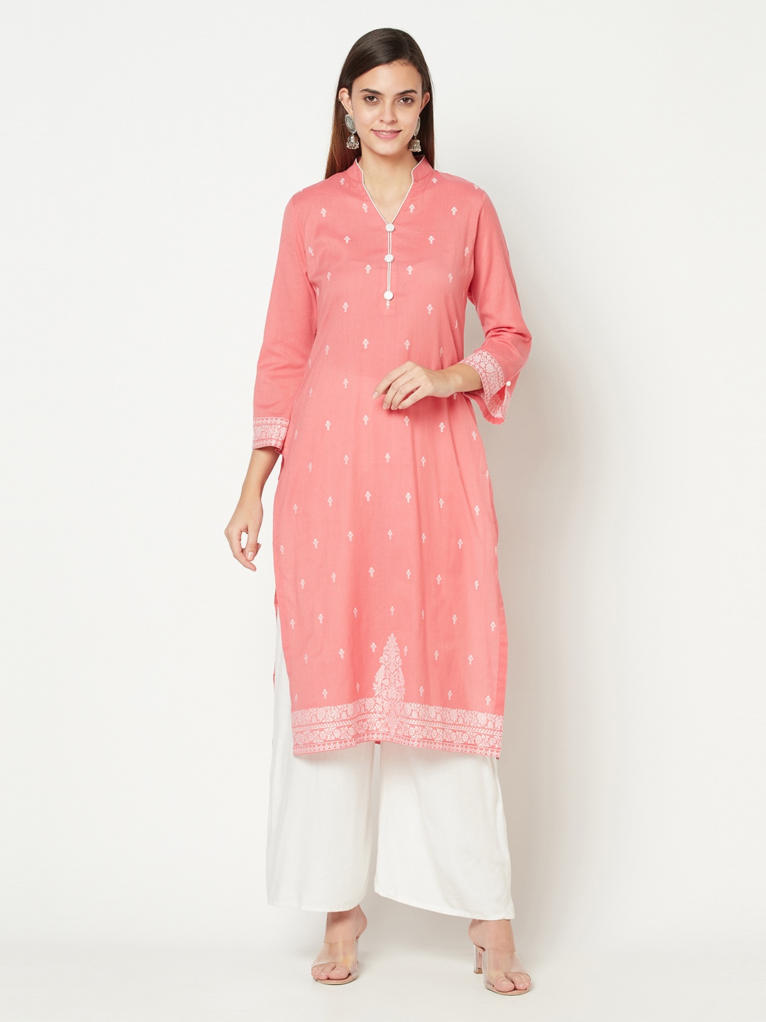 

Safaa Women Peach-Coloured & White Flared Sleeves Kurta