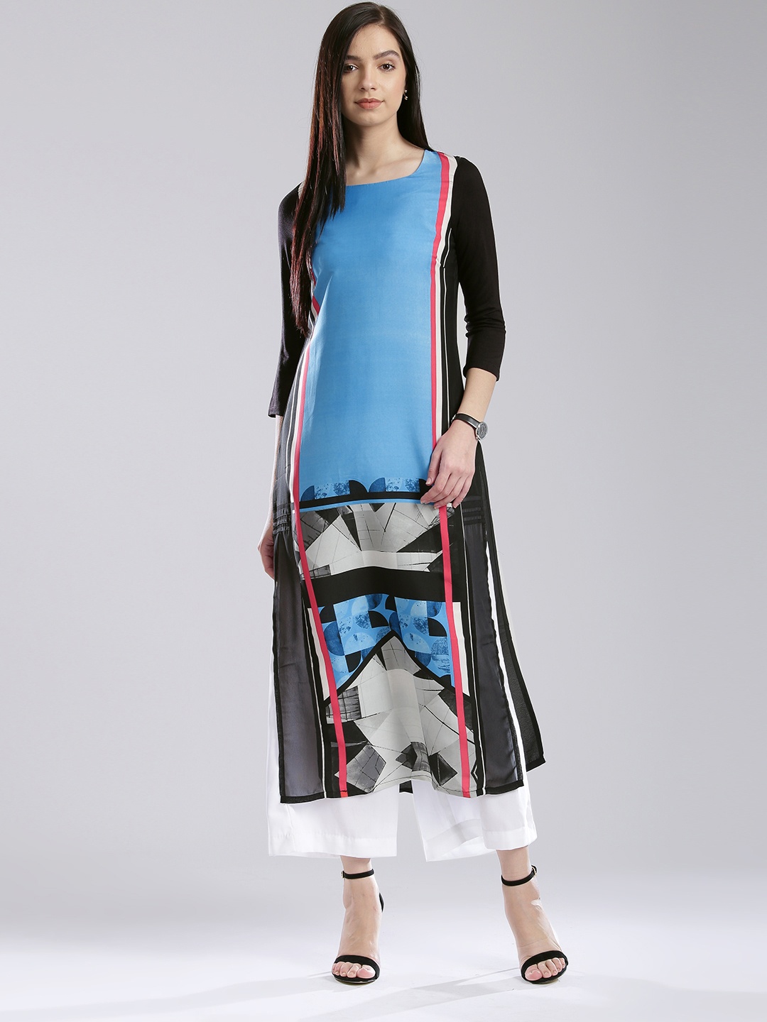 

W Blue & Black Polyester Printed Kurta
