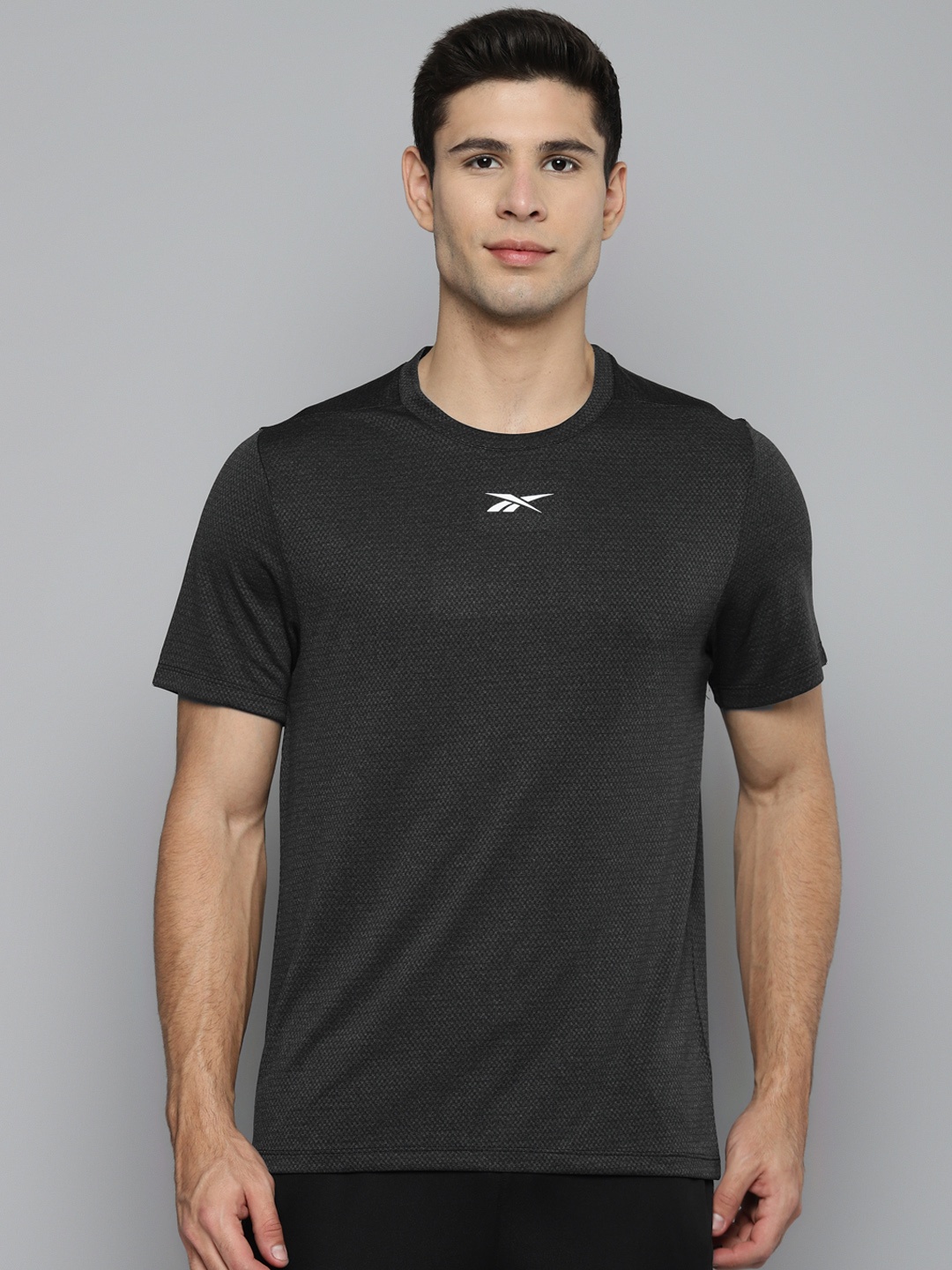 

Reebok Men Charcoal Grey Workout Melange Training T-shirt