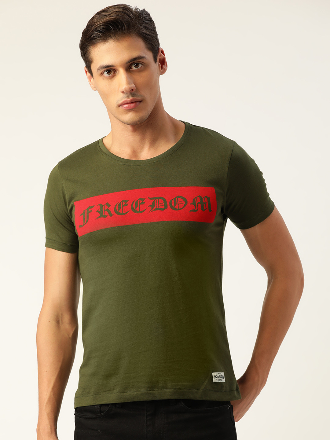 

Flying Machine Men Olive Green & Red Typography Print Pure Cotton T-shirt
