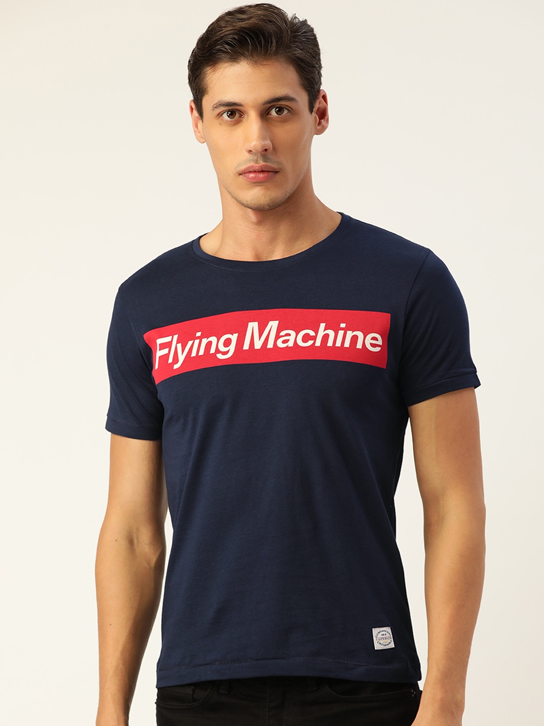 

Flying Machine Men Navy Blue & Red Brand Logo Print Pure Cotton T-shirt