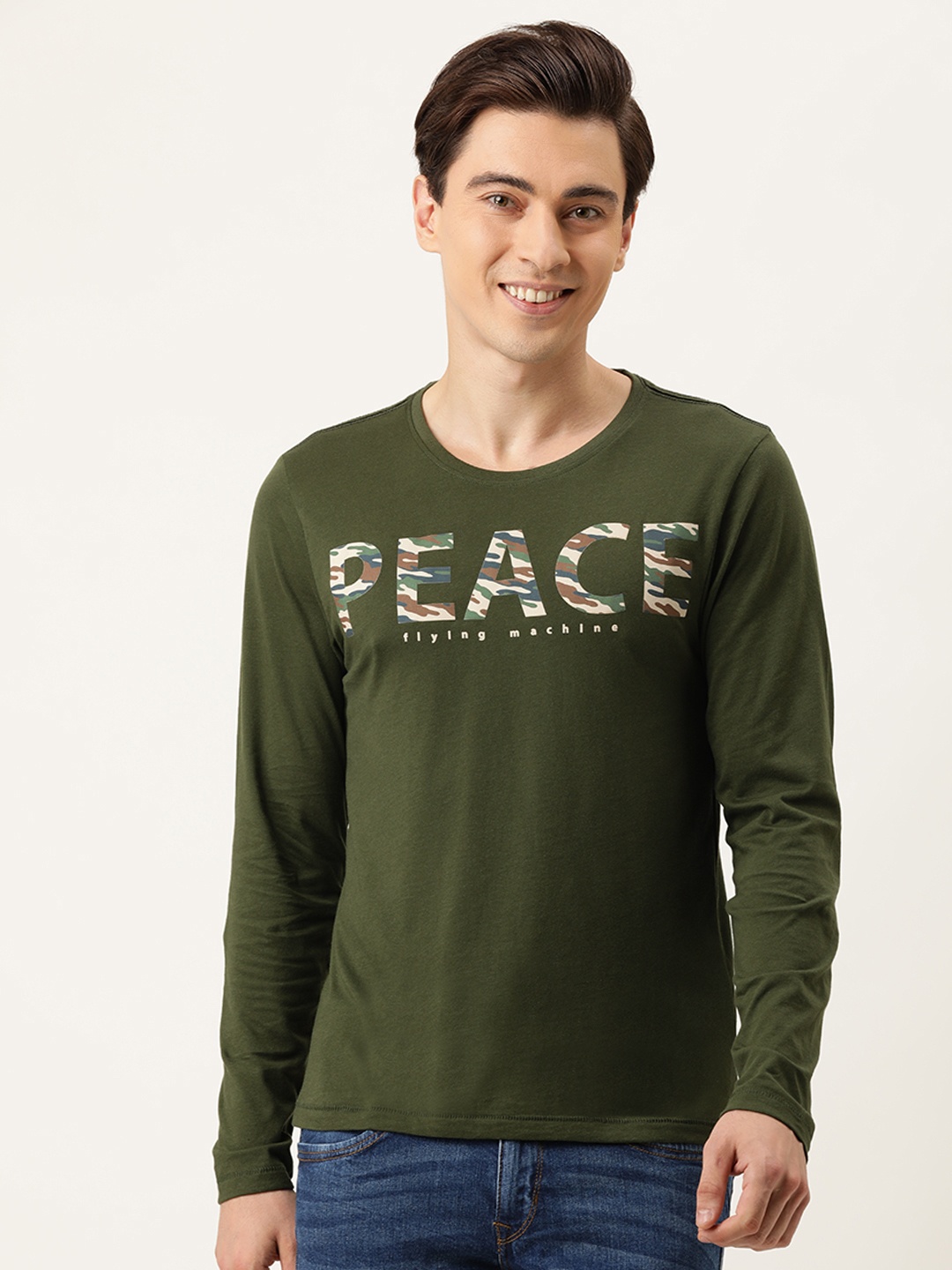 

Flying Machine Men Olive Green Typography Printed Pure Cotton T-shirt