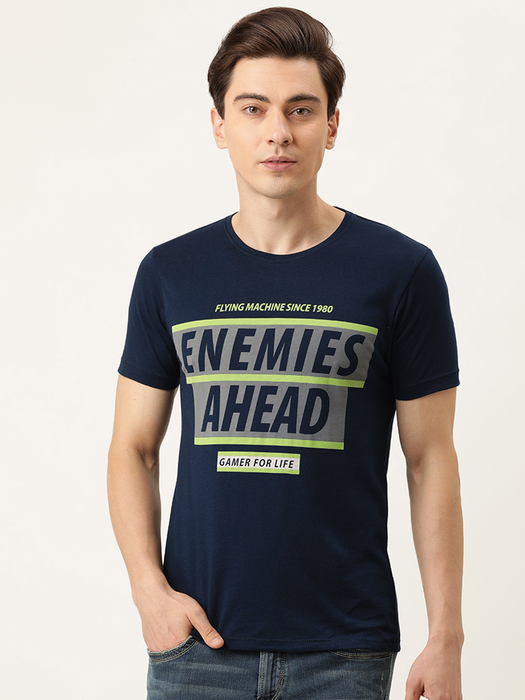 

Flying Machine Men Navy Blue Typography Printed Pure Cotton T-shirt