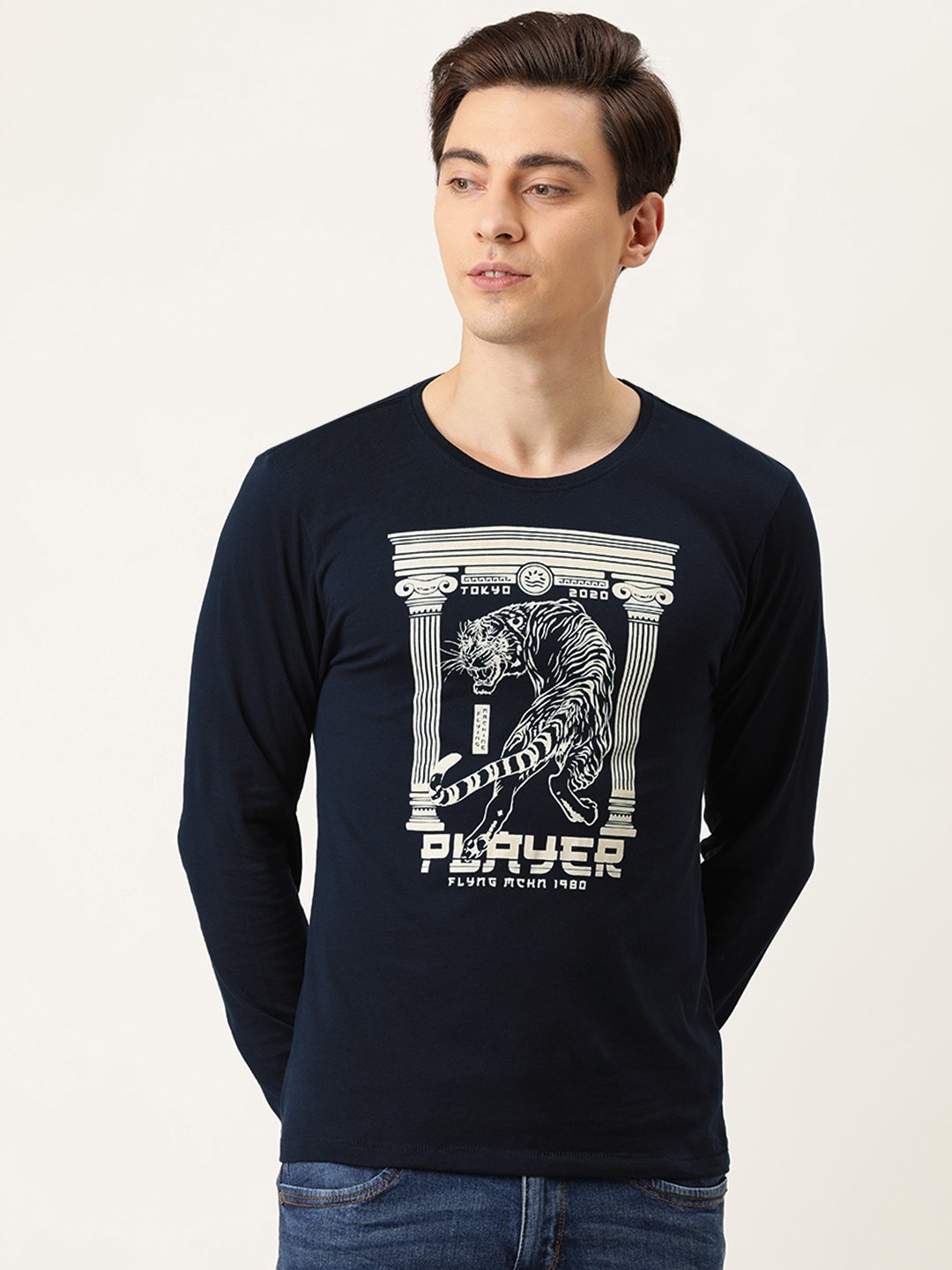 

Flying Machine Men Navy Blue Conversational Printed Pure Cotton T-shirt
