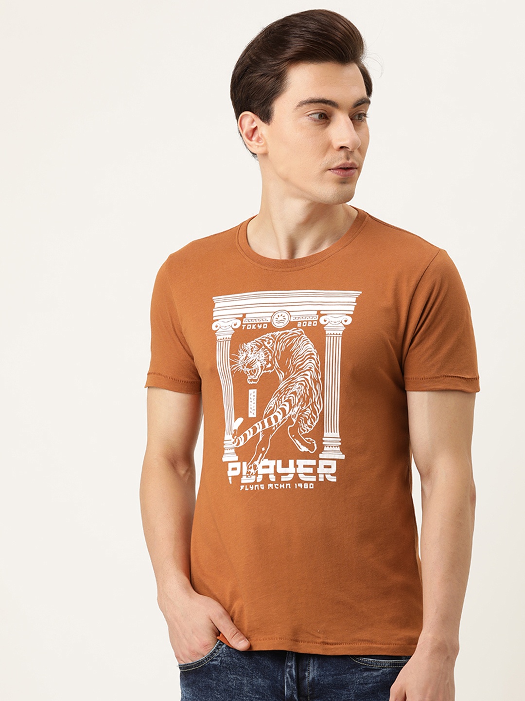 

Flying Machine Men Rust Orange Printed Round Neck Pure Cotton T-shirt