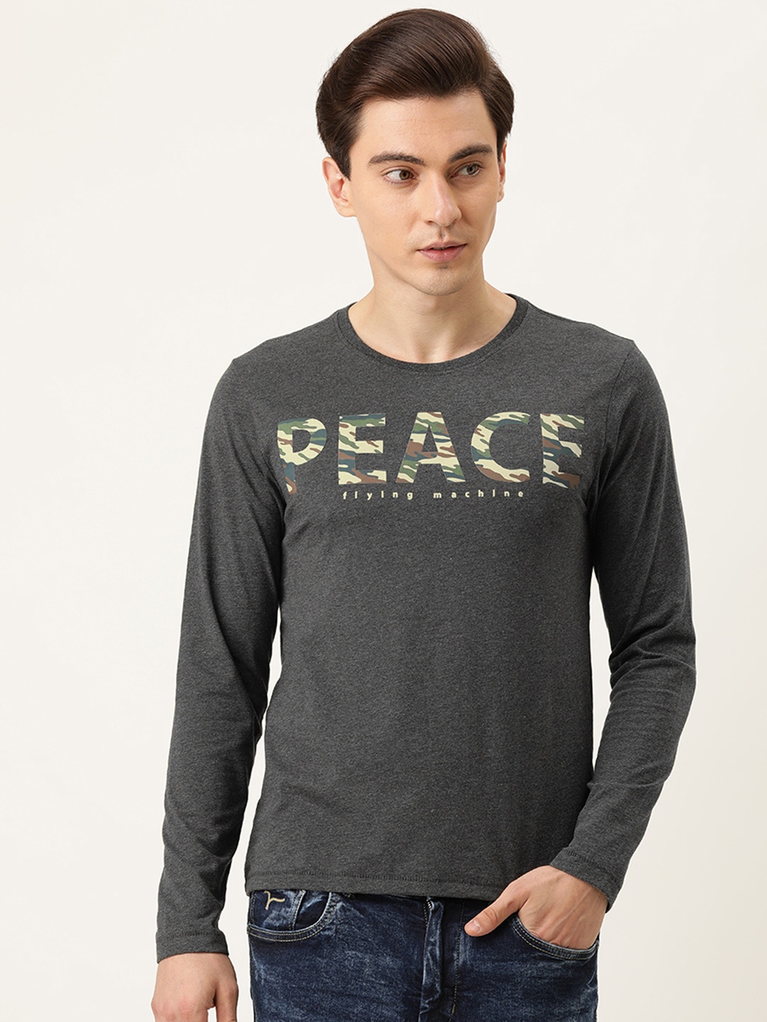 

Flying Machine Men Charcoal Grey Typography Printed Round Neck T-shirt