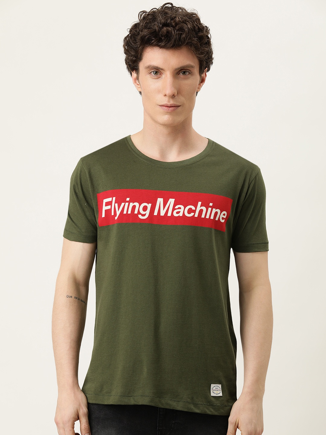

Flying Machine Men Olive Green Pure Cotton T-shirt