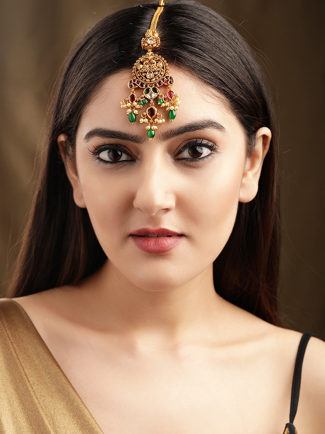 

Rubans Gold-Plated Pink & Green Ruby Studded & Beaded Handcrafted Maang Tikka