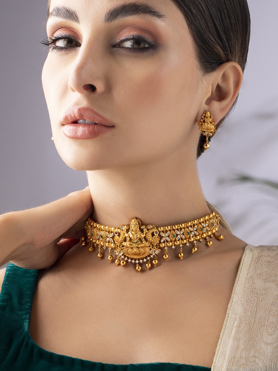 

Rubans Gold-Plated Red & Green Stone-Studded Temple Jewellery Set