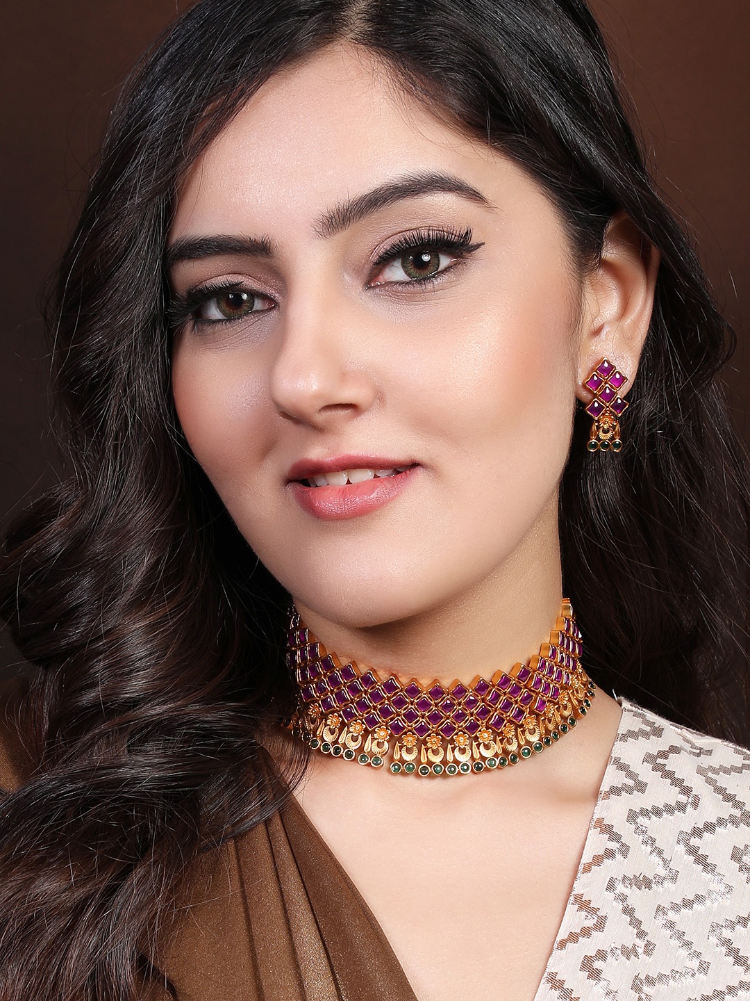 

Rubans 24K Gold-Plated Purple & Green Ruby-Studded Handcrafted Jewellery Set