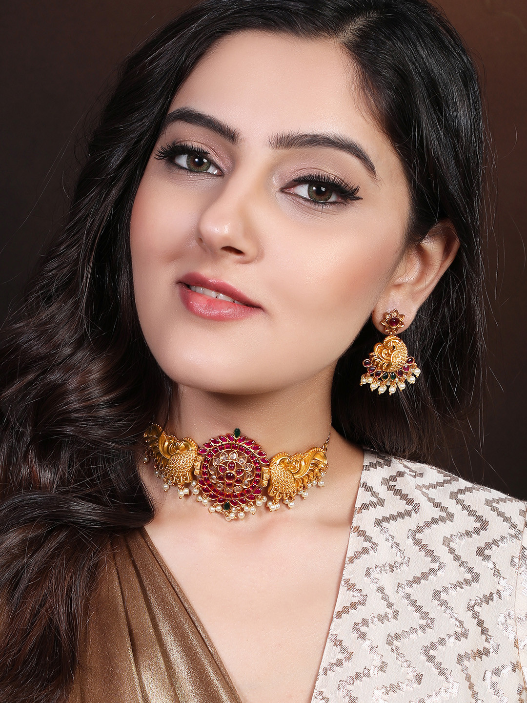 

Rubans 24K Gold-Plated Red & White Ruby-Studded & Beaded Handcrafted Jewellery Set