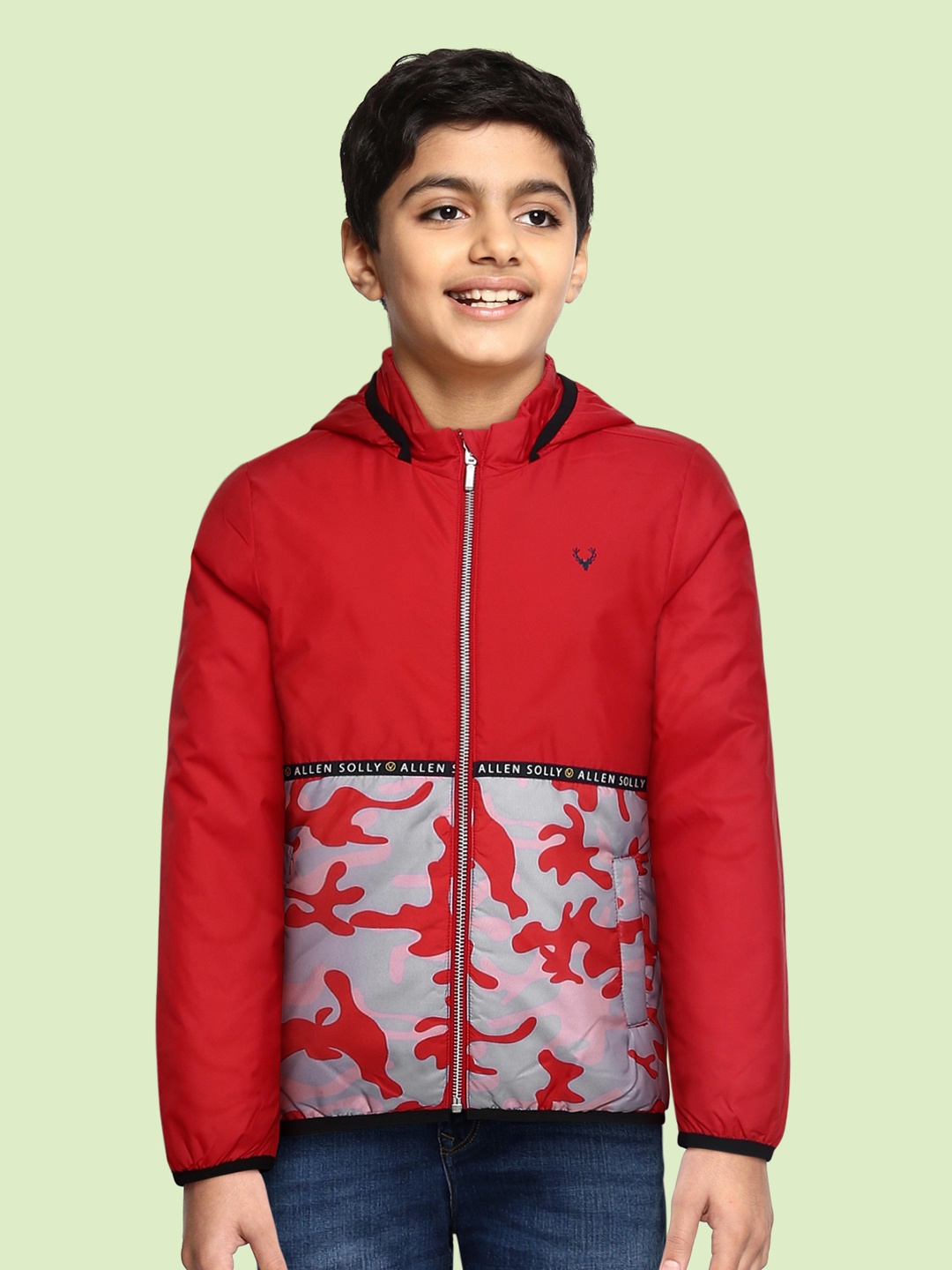 

Allen Solly Junior Boys Red & Grey Camouflage Print Hooded Padded Jacket