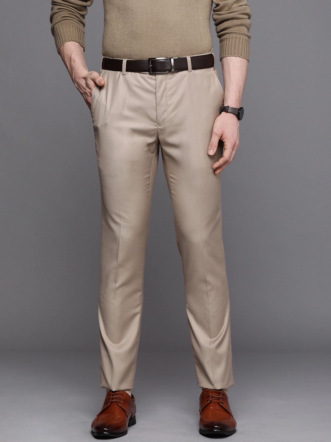 

Raymond Men Beige Self-Striped Slim Fit Formal Trousers