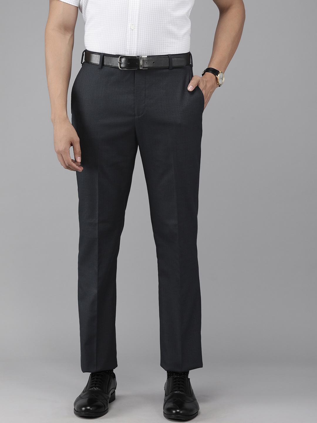 

Park Avenue Men Navy Blue Textured Smart Fit Formal Trousers