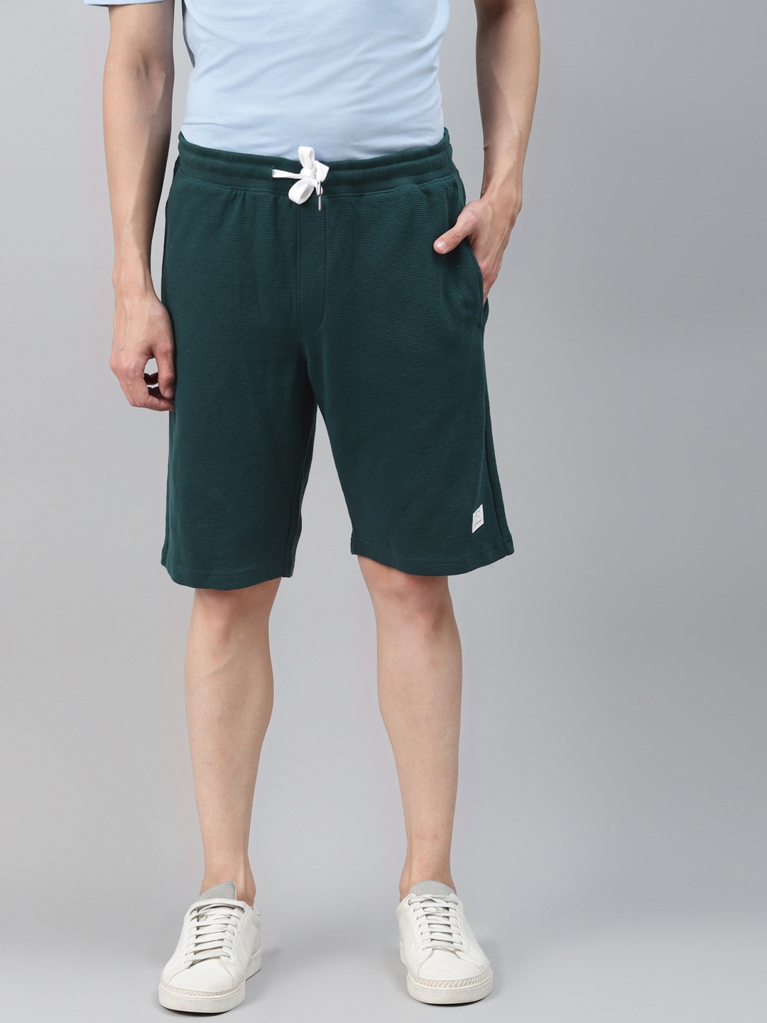 

Marks & Spencer Men Green Self-Striped Mid-Rise Cotton Regular Shorts