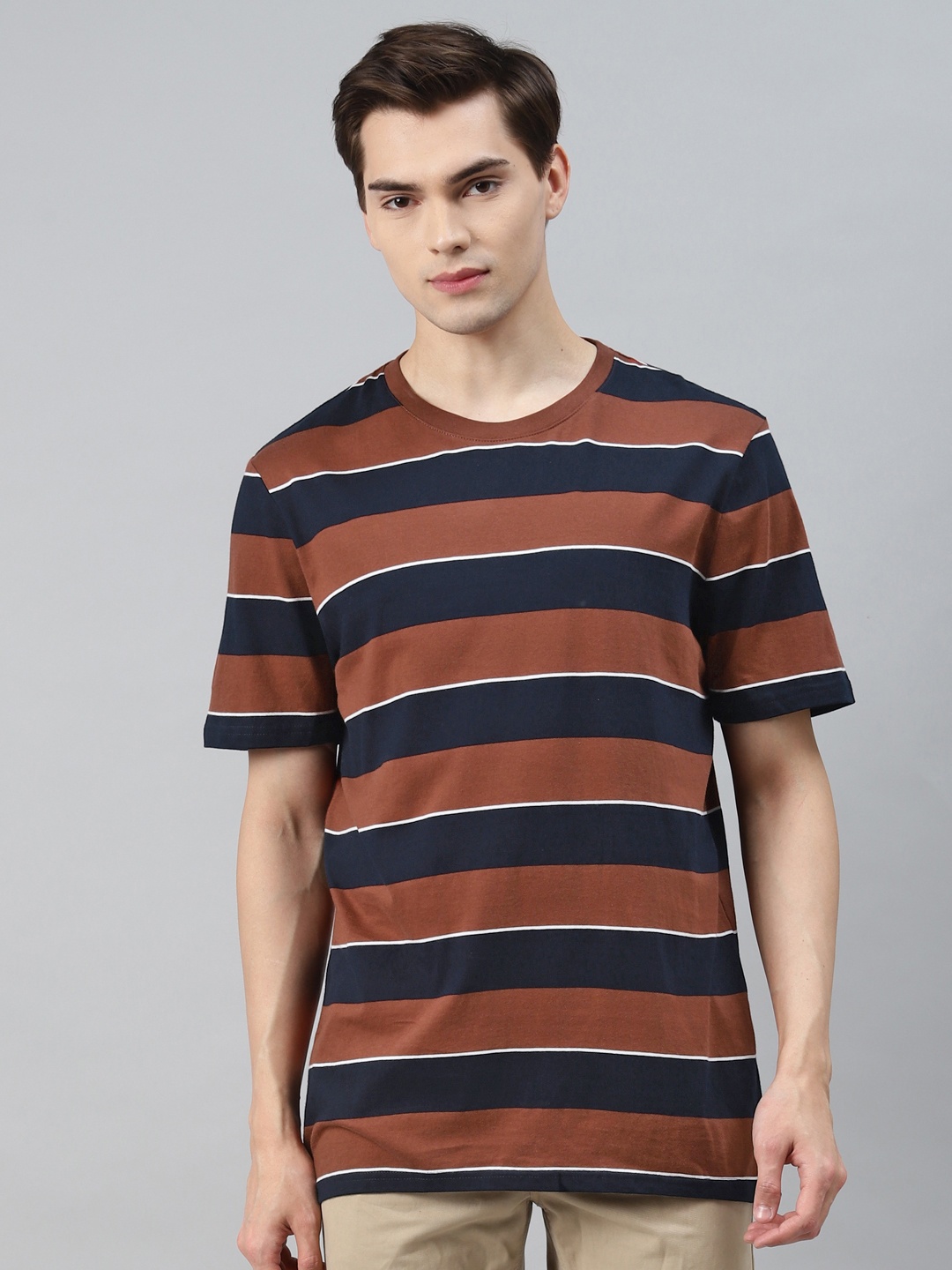 

Marks & Spencer Men Brown & Black Striped Cotton T-shirt