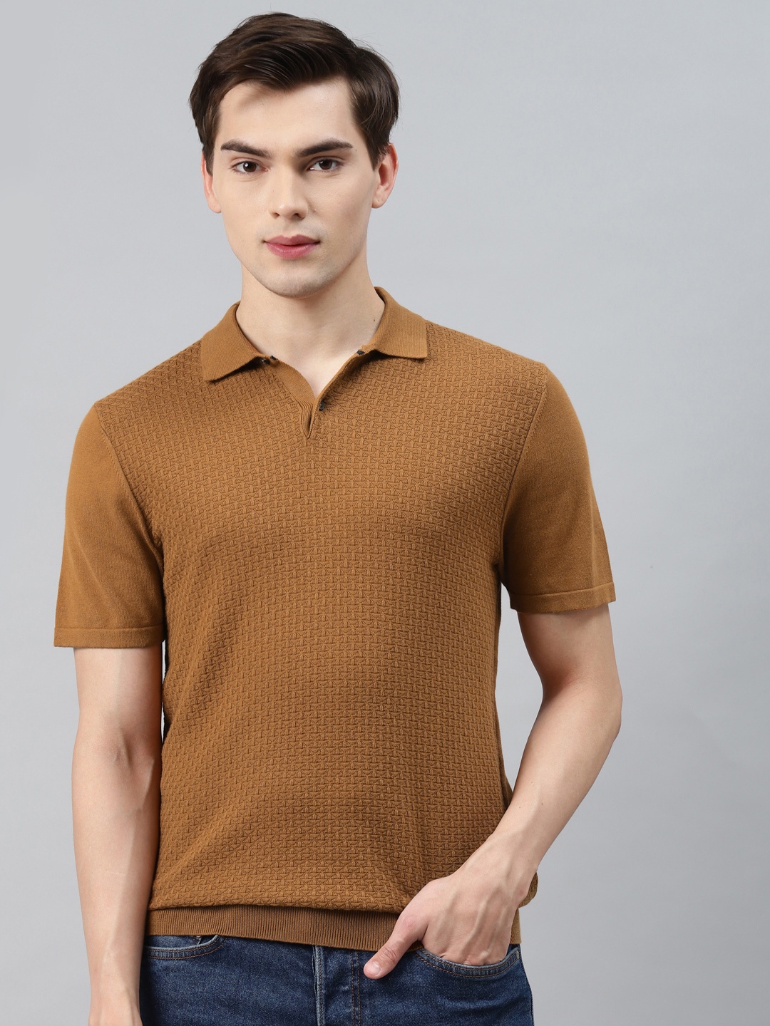 

Marks & Spencer Men Mustard Brown Solid Polo Collar T-shirt