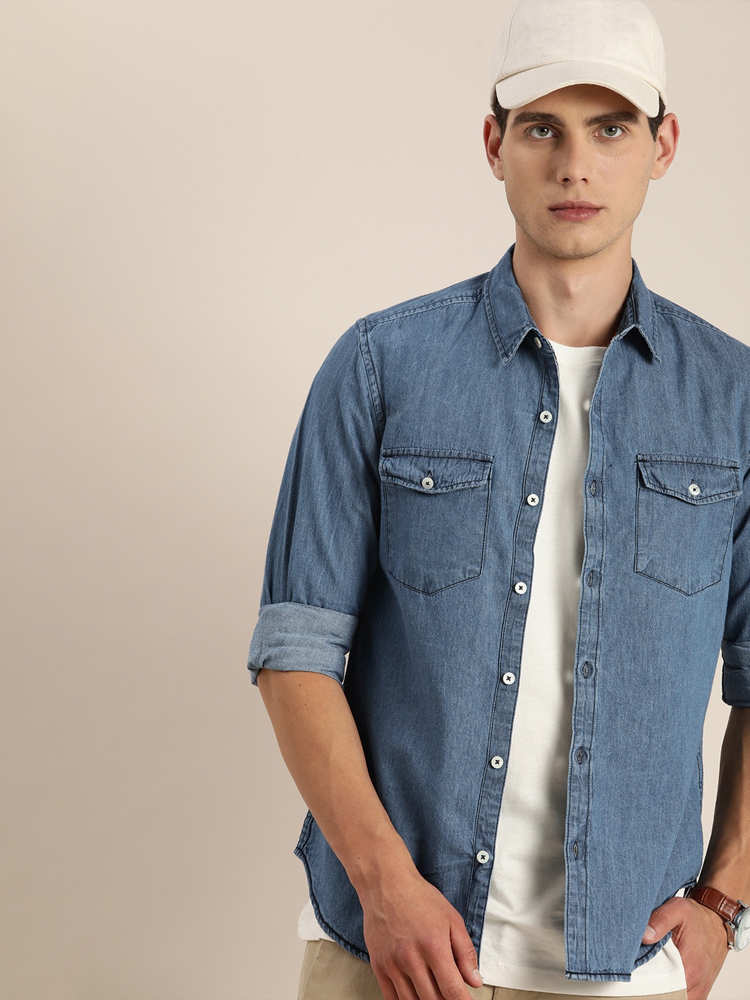 

INVICTUS Men Blue Solid Pure Cotton Denim Casual Shirt