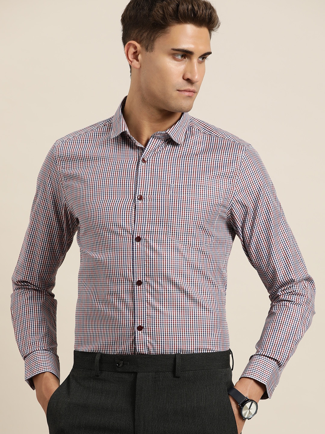 

INVICTUS Men Navy Blue Slim Fit Wrinkle Free Micro Checks Easy Care Formal Shirt