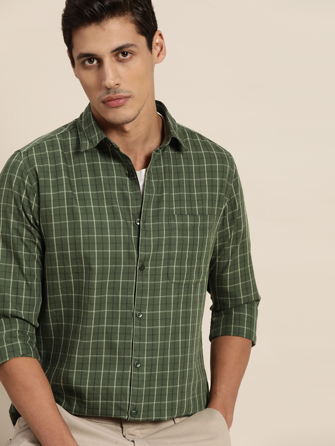 

INVICTUS Men Green & Off-White Tartan Checks Casual Shirt