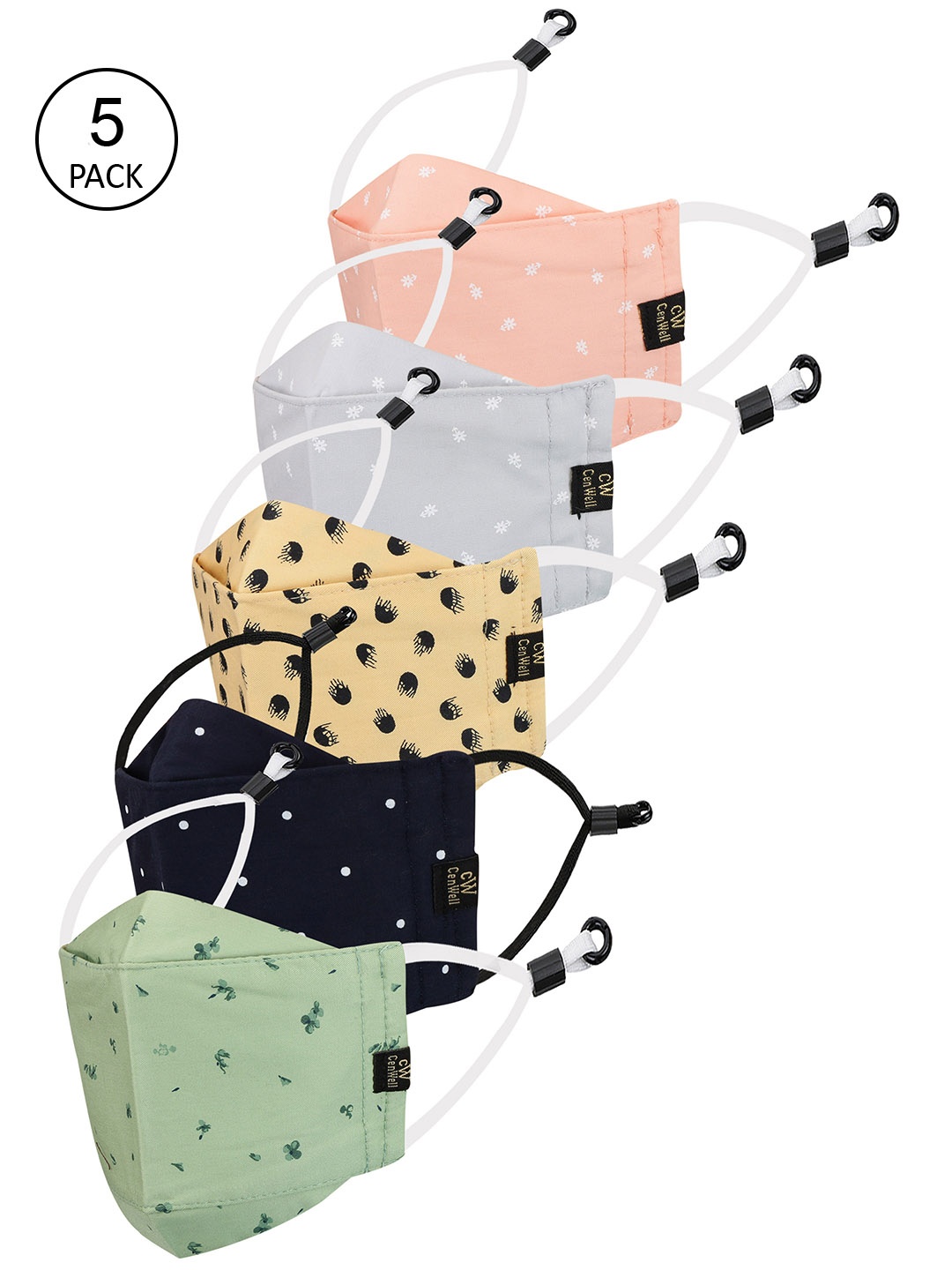 

CENWELL Unisex Pack Of 5 Printed 6-Ply Reusable 3D Cloth Masks, Olive