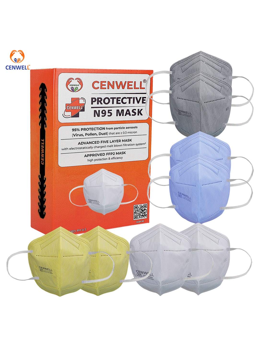 

CENWELL Adult Pack Of 8 5-Ply Pure Reusable N95 Masks, Assorted