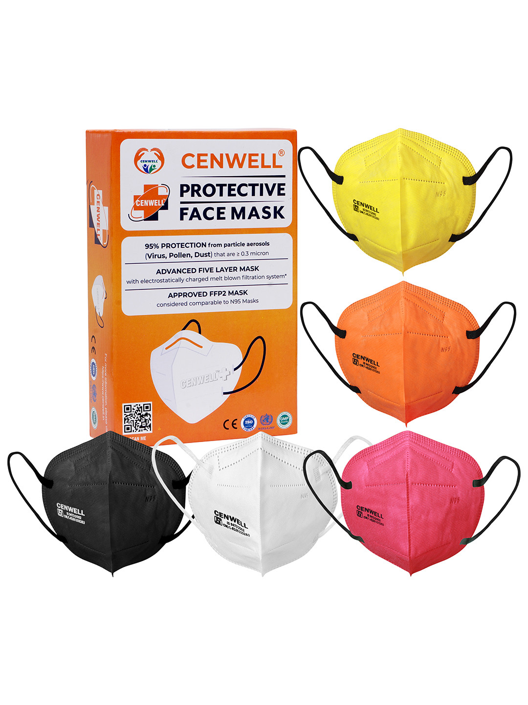 

CENWELL Unisex Pack Of 5 Multicolor Solid 5-Ply Reusable N95 Masks, Multi