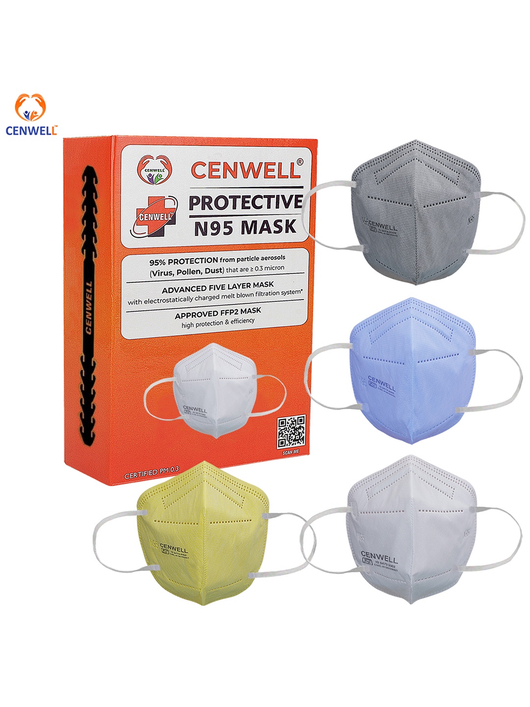 

CENWELL Unisex Pack Of 4 Solid 5-Ply Reusable N95 Masks, Blue