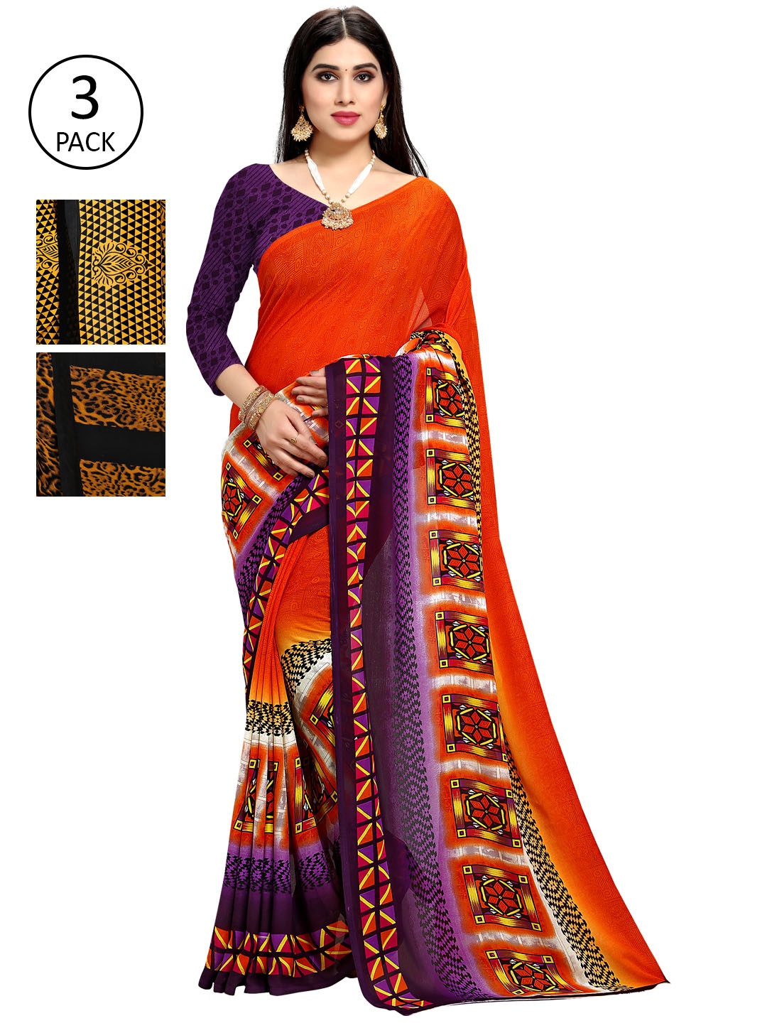 

KALINI Pack of 3 Printed Poly Georgette Sarees, Multi