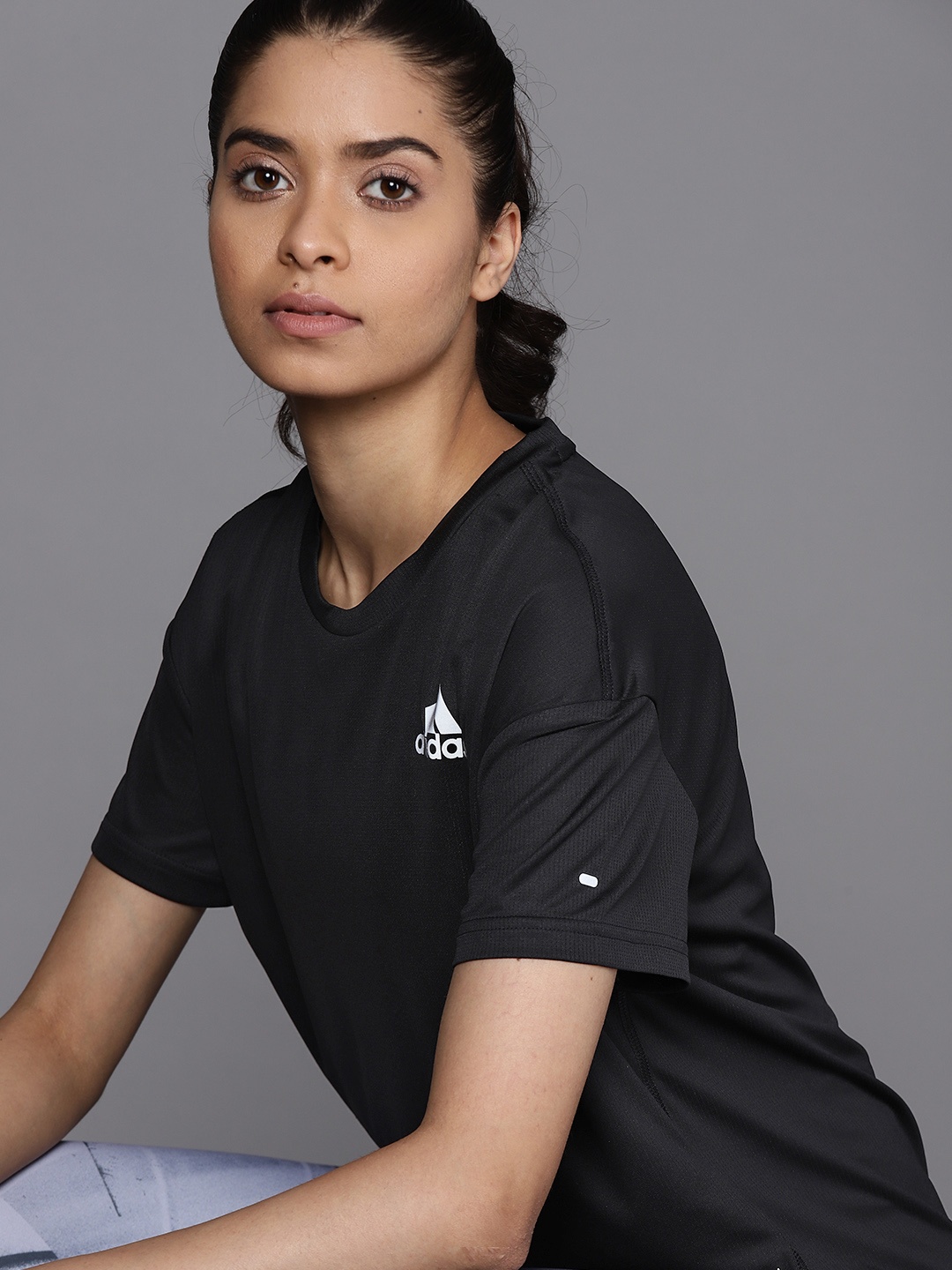 

ADIDAS Women Black Solid Primeblue Drop-Shoulder Sleeves Running Sustainable T-shirt