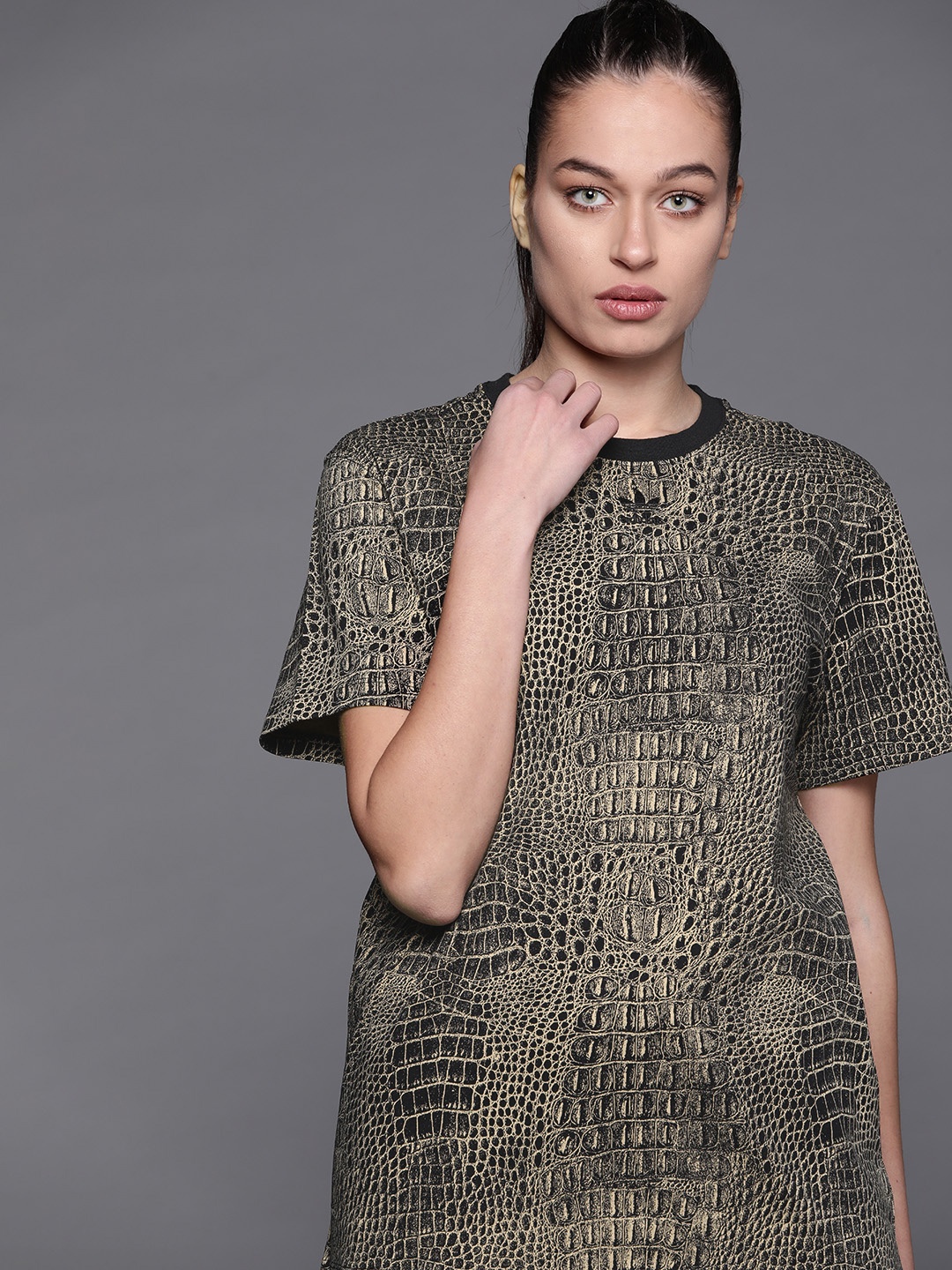 

ADIDAS Originals Women Black & Beige Pure Cotton Animal Print Sustainable T-shirt