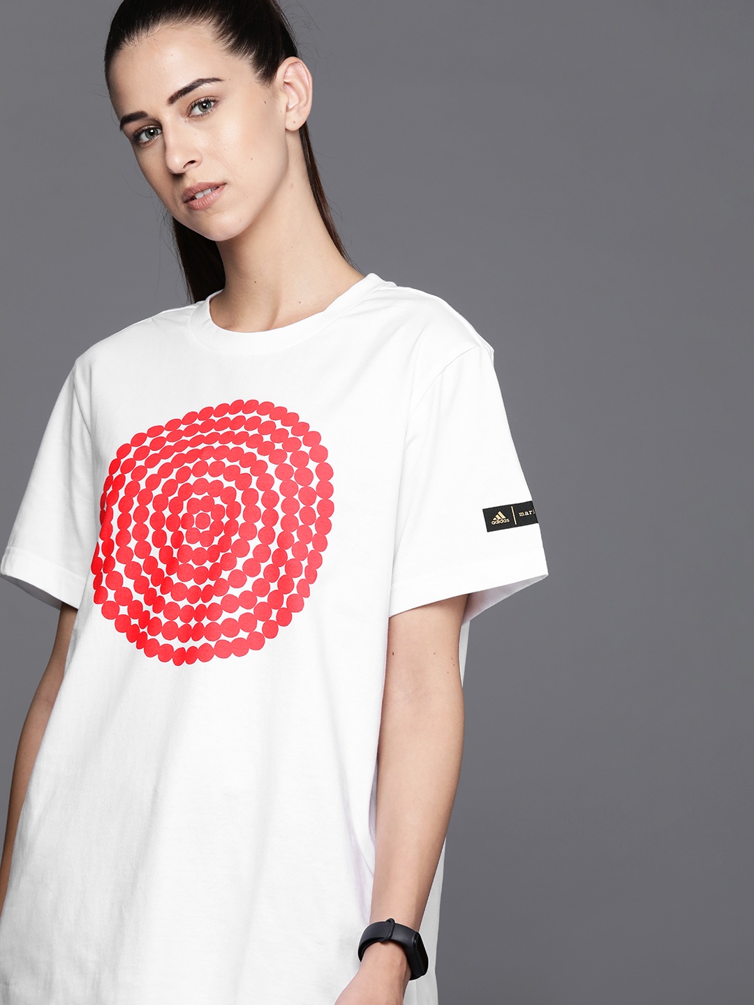 

ADIDAS Women White Red Sportswear Marimekko GFX3 Printed Pure Cotton Sustainable T-shirt