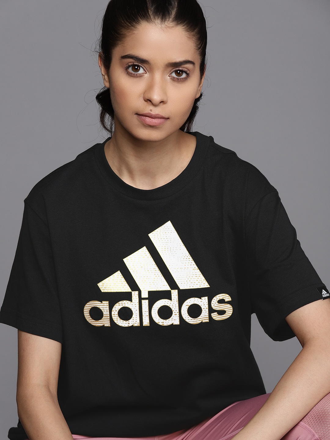 

ADIDAS Women Black Pure Cotton Brand Logo Printed Drop-Shoulder Sleeves Outdoor Sustainable T-shirt