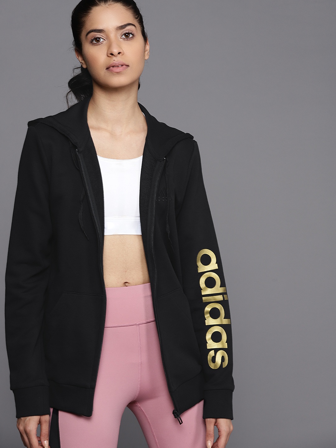 

ADIDAS Women Black Solid Hooded Sweatshirt