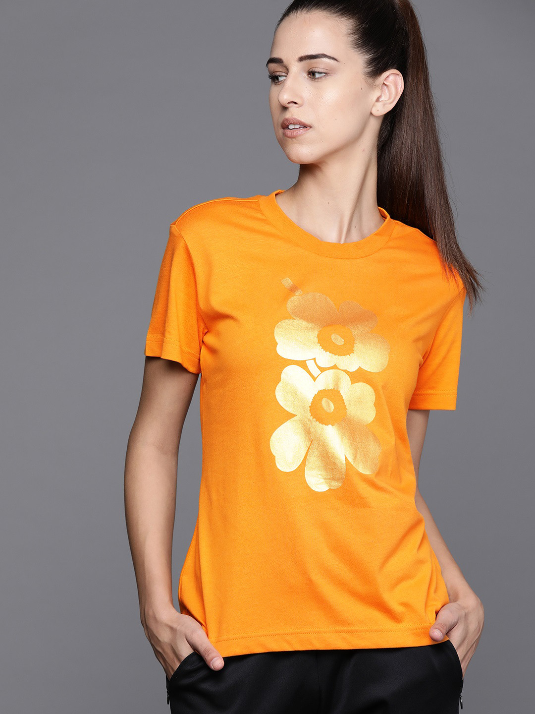 

ADIDAS Women Orange Golden Sportswear Marimekko GFX2 Printed Pure Cotton Sustainable T-shirt