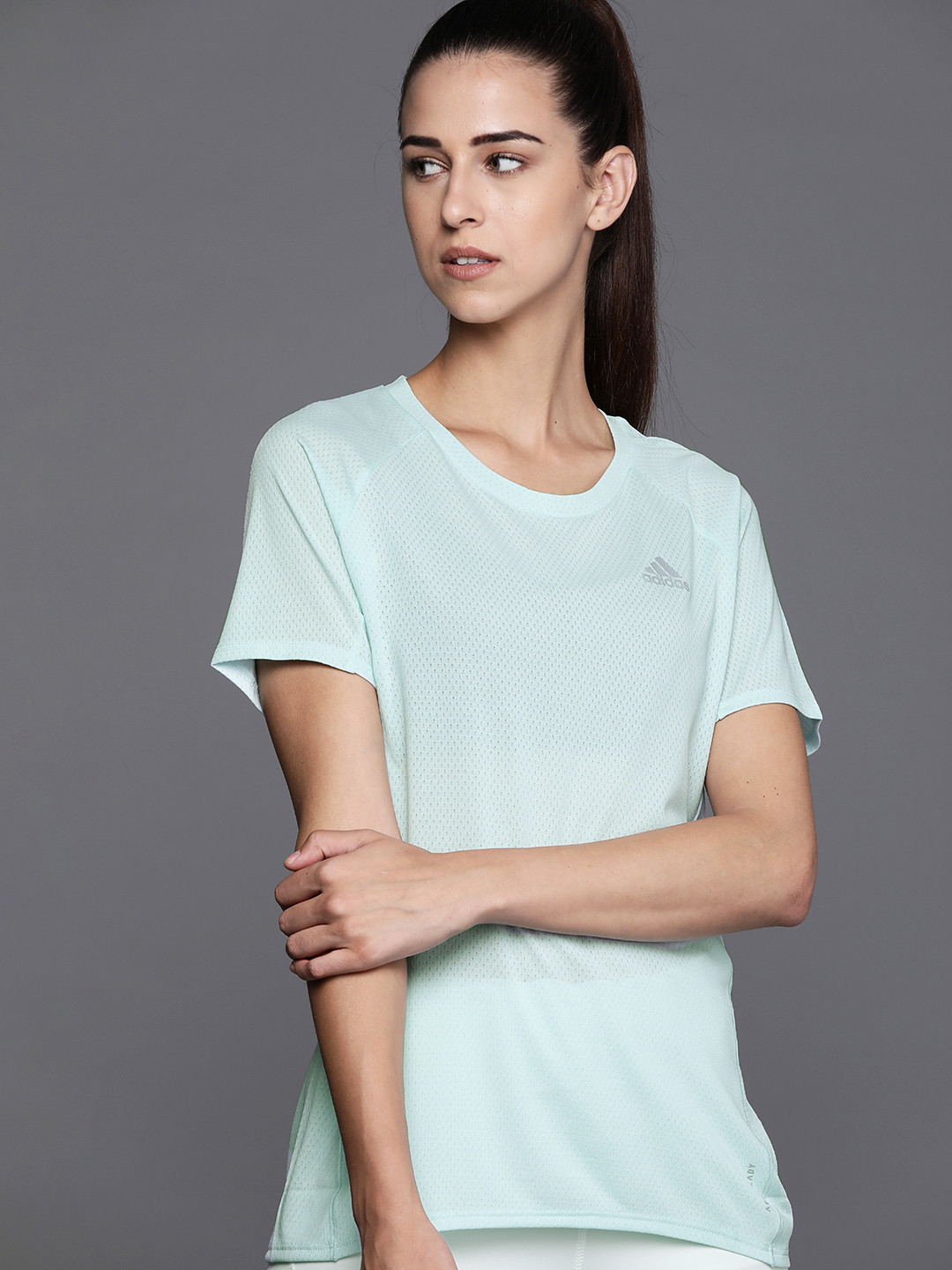 

ADIDAS Women Sea Green Runner Self-Design T-shirt