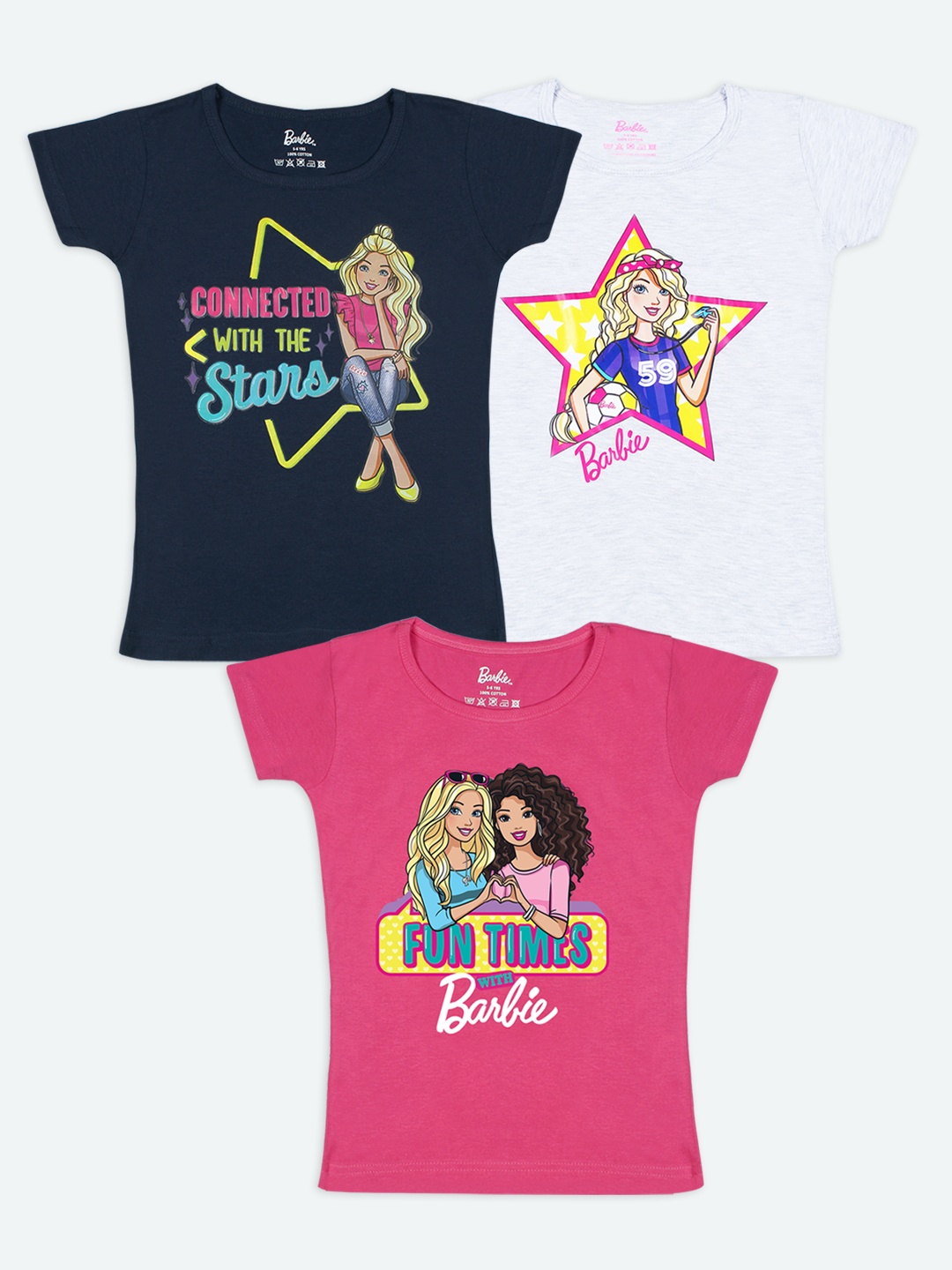 

Barbie Girls Pack Of 3 Barbie Printed Pure Cotton T-shirt, Navy blue