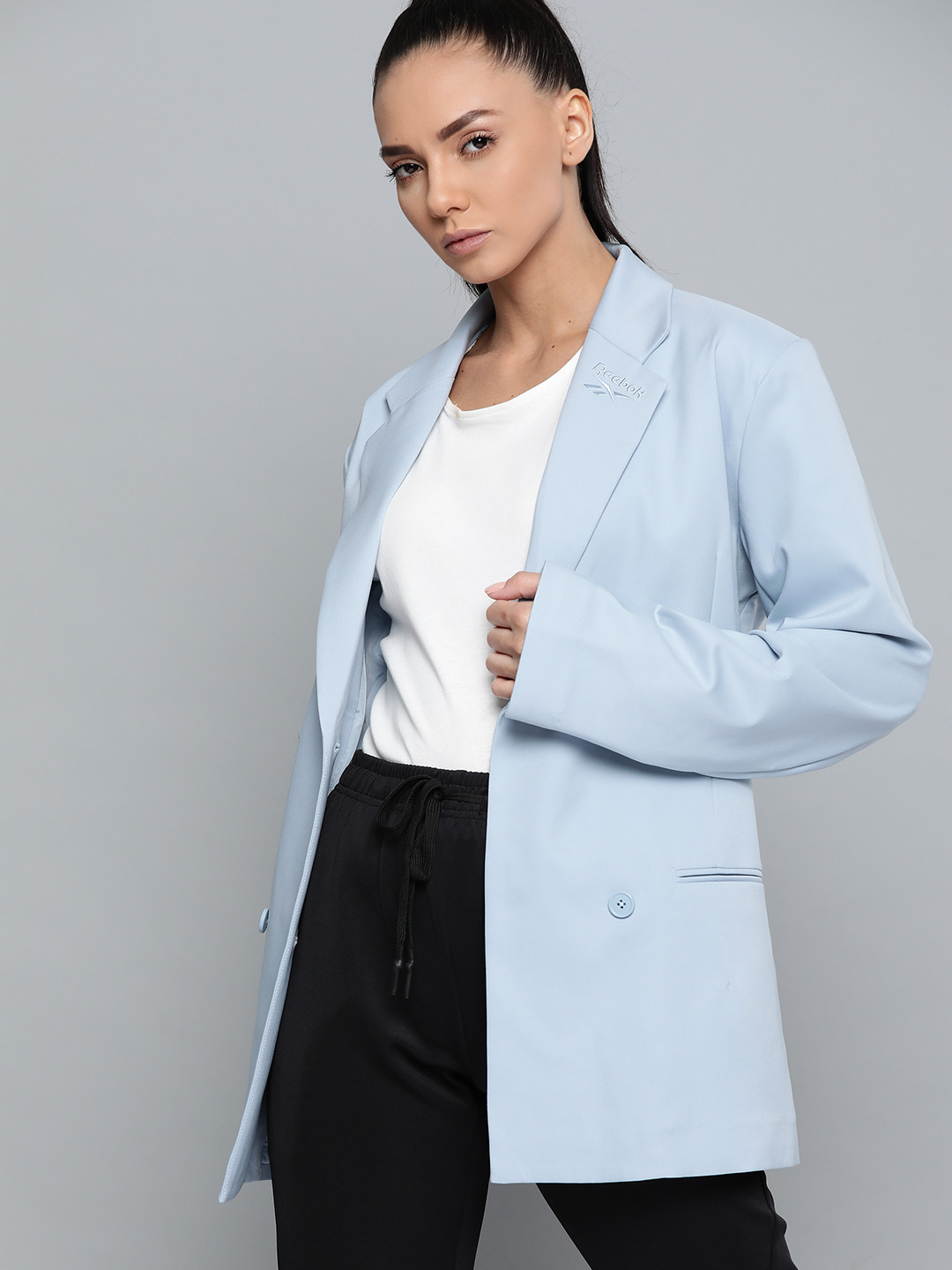 

Reebok Classic Women Blue Double-Breasted Oversized Fit Solid Blazer