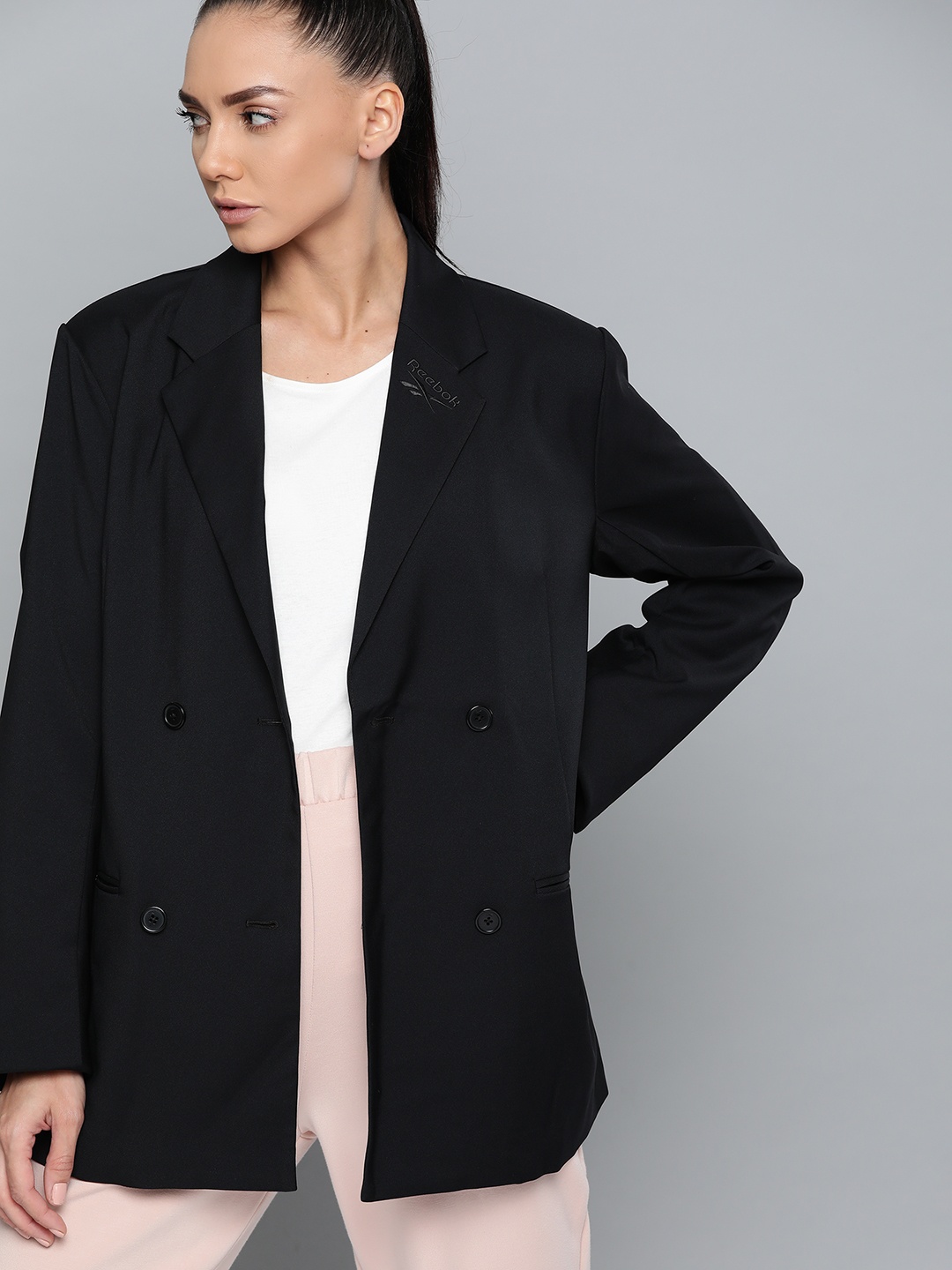 

Reebok Classic Women Black Double-Breasted Oversized Fit Solid Blazer