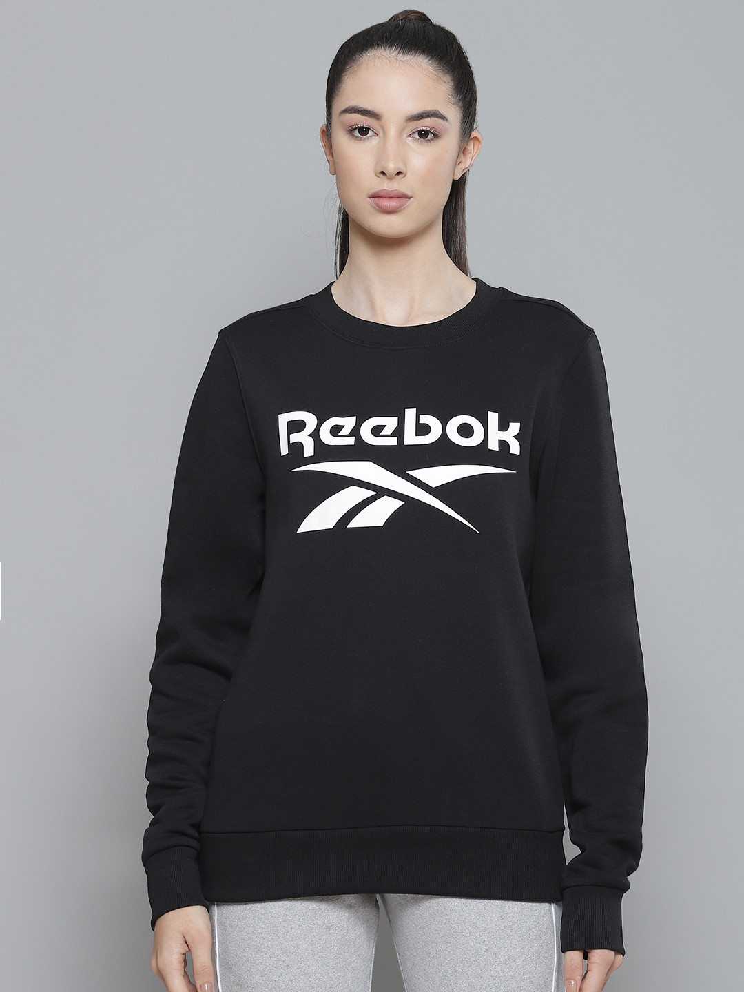 

Reebok Women Black Brand Logo Printed Fleece Crew Neck Sweatshirt
